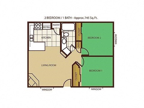 Floor plan for 2 beds, 1 bath, 745 sqft